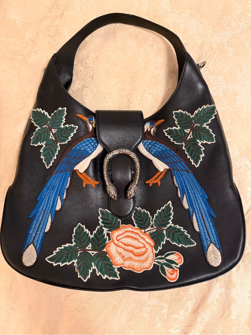 Gucci Black Leather Hobo with peacocks and flower blossom - Picture 2 of 7